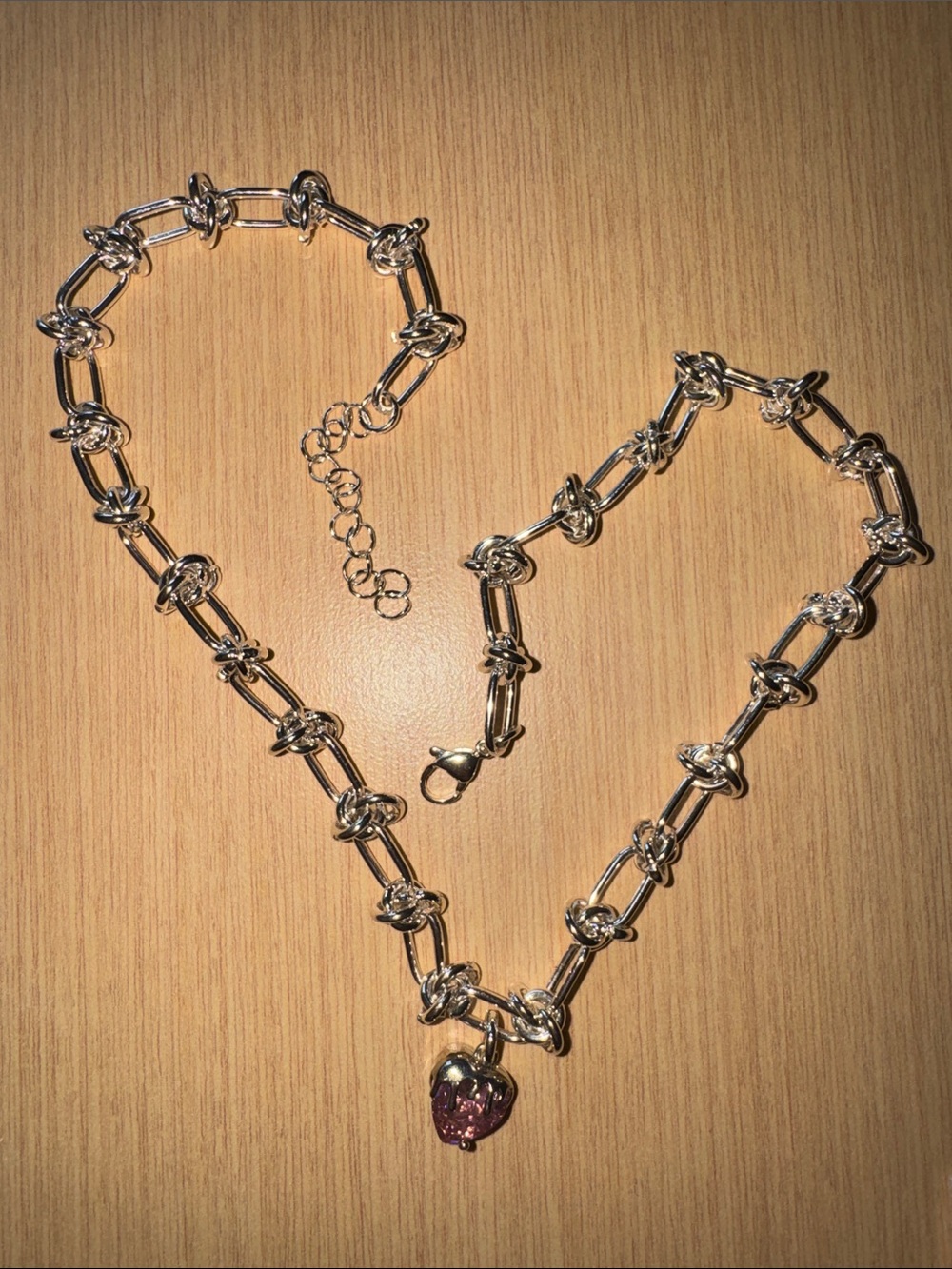 Sterling Silver Knot Link Necklace with Pink Heart Charm